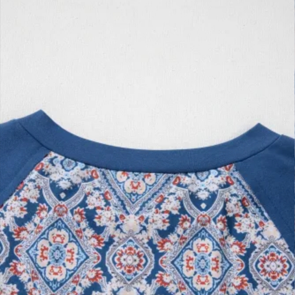 New Blue Patterned Lace Detail Women's Top - Picture 8 of 15
